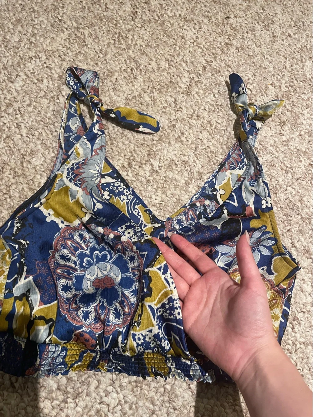 Free People Floral Print Tie-Strap Crop Camisole in Navy & Mustard